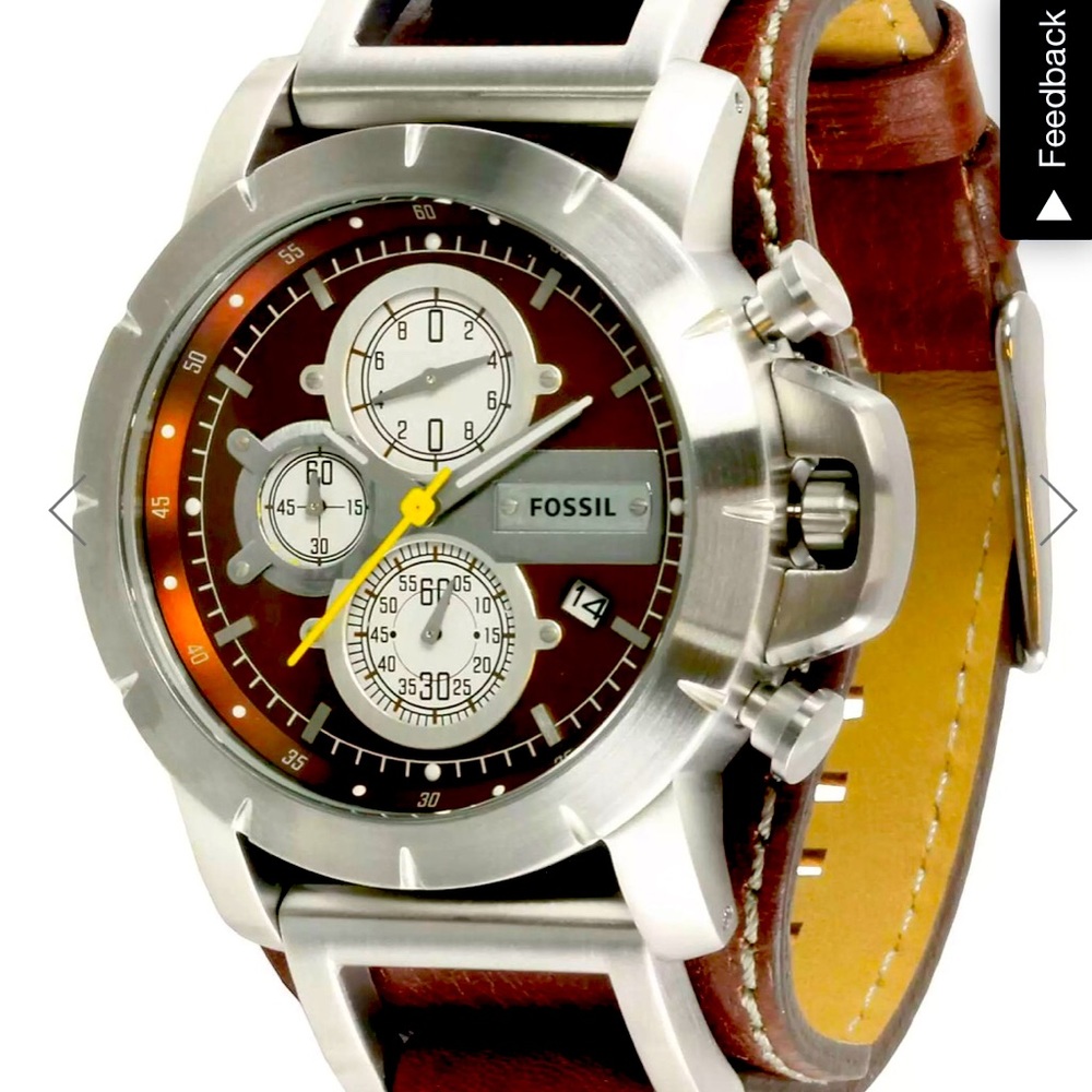 Fossil Mens Brown Leather Stainless Steel Watch-NEVER WORN!
